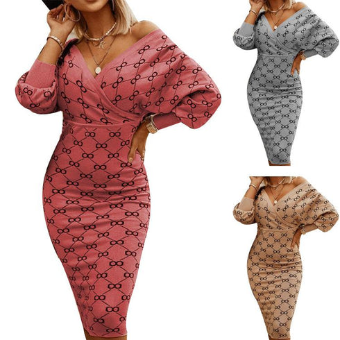 Long sleeve check one-step skirt V-neck hip dress